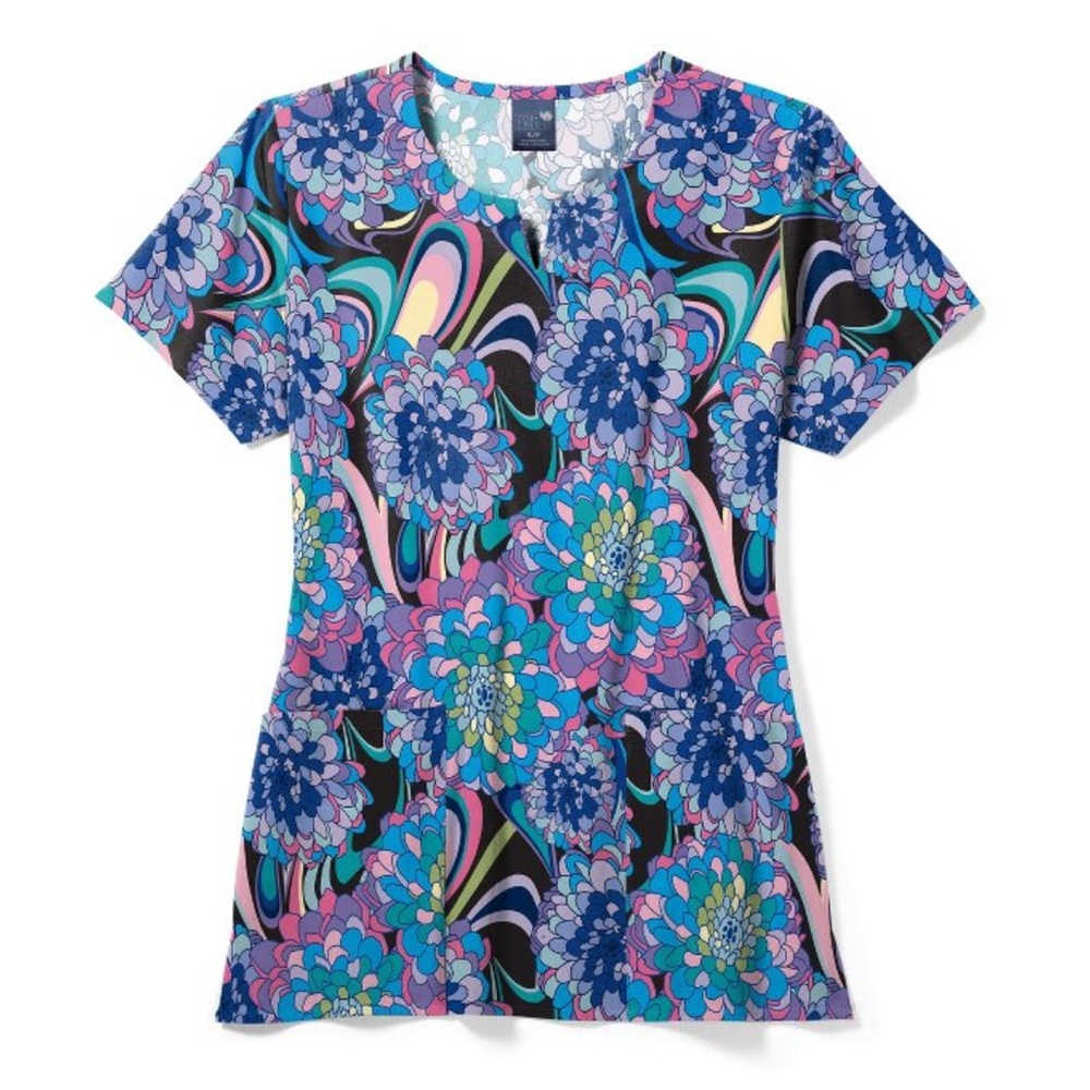 New Zoe + Chloe Disco Floral 2X 2XL Women’s performance scrub top notch neck